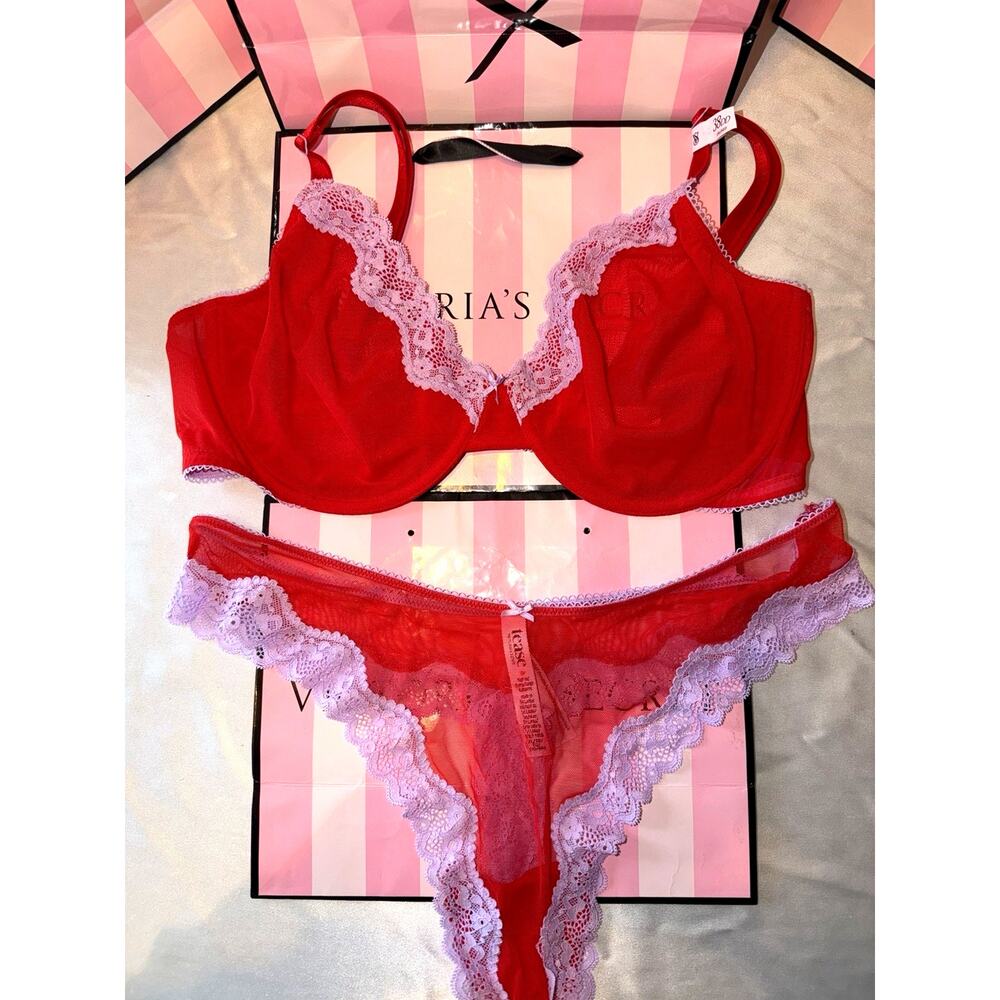 Victoria's Secret Bra Unlined Tease 38DD XL Thong Red & Lilac